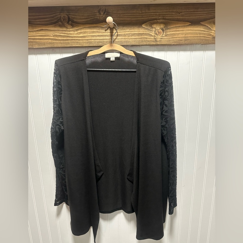 Carolyn Taylor Black Open Front Cardigan velvet burnout sleeves sz L basic